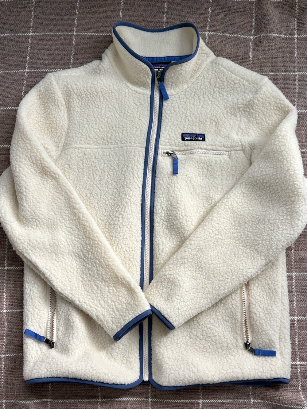 Patagonia Cream Sherpa Jacket with Blue Trim